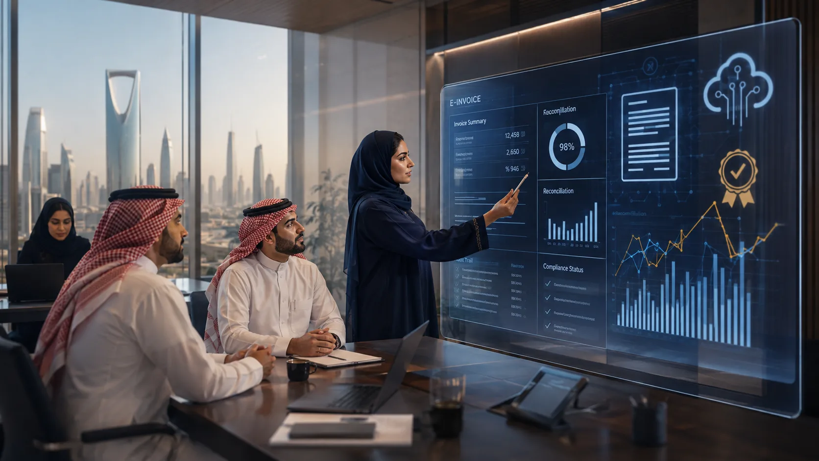 Saudi team reviewing e-invoice assurance and reconciliation dashboards