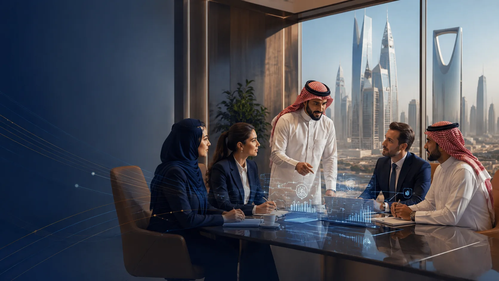 Saudi and international business leaders meeting in a modern Riyadh office